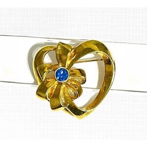 Vintage Avon Heart Bow Brooch Blue Rhinestone Birthstone Gold Tone Pin Statement